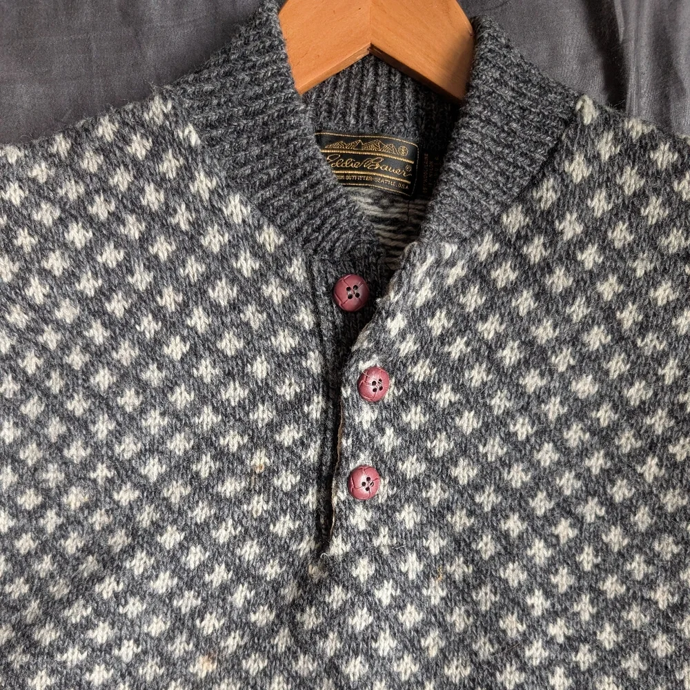📼🐑Vintage Eddie Bauer Birds Eye Knit Crewneck Henley Sweater - Medium - Picture 10 of 12